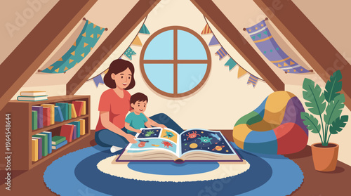 A parent reading a storybook to their child in a cozy attic space filled with books, nurturing a love for reading and connection in a warm, inviting environment.