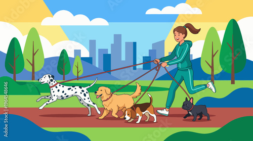 A cheerful image of a woman walking multiple dogs in a park, showcasing lively colors, an active lifestyle, and the joy of companionship in nature.