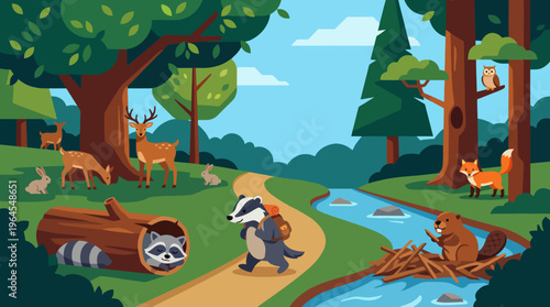 A tranquil nature scene featuring various animals and a flowing stream in a forested setting represents harmony with nature and highlights the beauty of wildlife and the ecosystem.