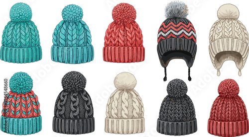 Knitted Winter Hats with Pom-Poms in Various Colors and Patterns for Cozy Fashion, Cold Weather Accessories, and Outdoor Apparel Designs