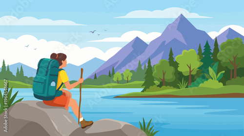 A solitary hiker sits peacefully by a serene mountain stream, reflecting on nature and the beautiful landscape, surrounded by lush trees and towering mountains ahead.