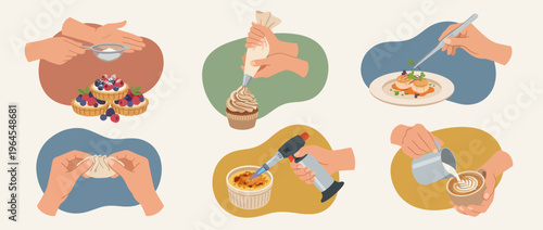 This vibrant illustration showcases a variety of culinary techniques and delicious dishes, appealing to food enthusiasts and aspiring chefs with a passion for creativity and presentation.