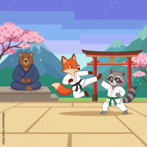 A colorful and whimsical scene of cartoon animals, a fox and a raccoon, practicing martial arts with a wise bear overseeing their training in a serene environment.