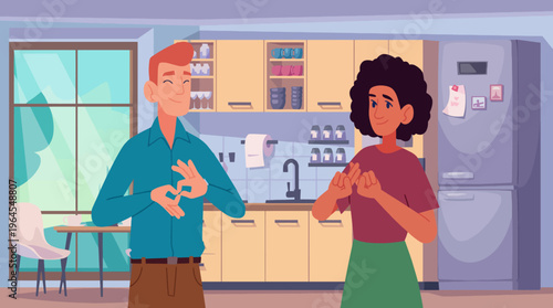 A warm scene in a cozy kitchen where two individuals are using sign language, symbolizing communication and connection beyond words in a contemporary home environment.