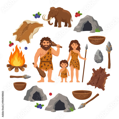 This vibrant illustration depicts a prehistoric scene featuring cavemen, a mammoth, and survival tools, creating a lively portrayal of early human life and adaptation to their environment.