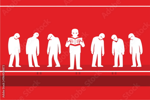 Work Culture Awareness Concept with Awake Reader Among Sleeping Commuters Symbolizing Conscious Living and Routine Illustration