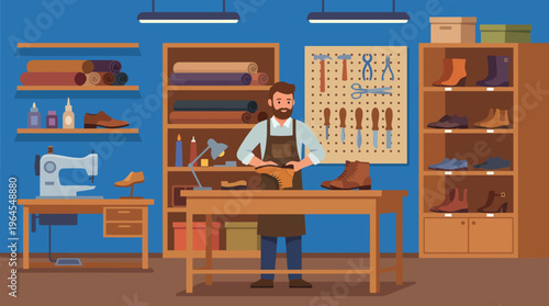 This image depicts a cobbler carefully working on a shoe in his workshop, emphasizing craftsmanship and dedication in a vintage-inspired artistic environment.