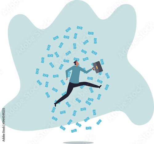 Success businessman achieve financial freedom, happy millionaire with plenty of money and wealth,human life and situation.