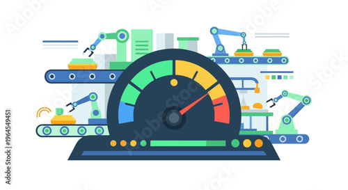 High Performance Industrial Automation with Robotic Arms, Conveyor Belts, and Speedometer Gauge. Factory Productivity and Smart Manufacturing Efficiency.