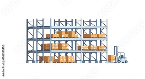Efficient Warehouse Logistics: Pallet Racks, Cardboard Boxes, and Forklift. Modern Supply Chain Storage Illustration on White.
