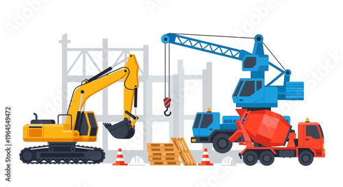 Construction Site Heavy Equipment Vector Illustration with Excavator, Crane, and Concrete Mixer Truck
