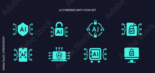Cybersecurity AI Technology icons including artificial intelligence protection, firewall, privacy encryption, padlock, Safety identity scan, cyber security, policy confidential access secure icon set