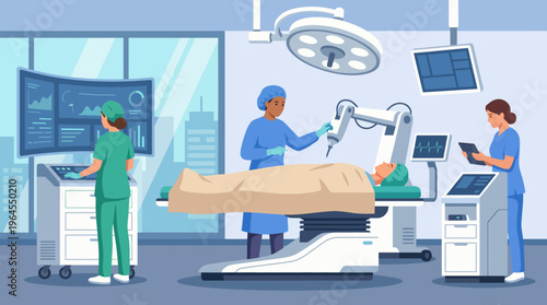 This illustration portrays a sophisticated surgical operation room, showcasing advanced technology and healthcare professionals working diligently on a patient in a sterile environment.