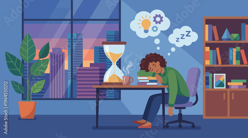 An illustration capturing an exhausted worker resting at their desk surrounded by books, an hourglass, and thought bubbles, depicting the struggles of modern work-life balance.