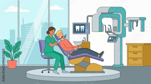 A dental professional attentively caring for a patient in a bright, contemporary dental office, embodying the importance of health and comfort in dental visits and treatments.