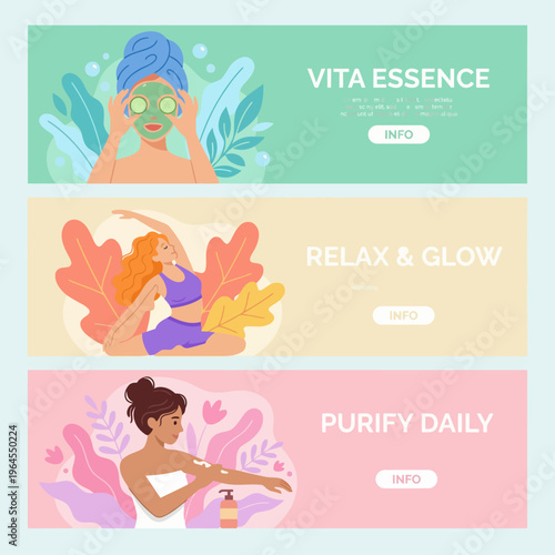 This illustration showcases a serene spa setting featuring a woman enjoying a facial treatment, emphasizing health, beauty, and rejuvenation in a calming atmosphere.