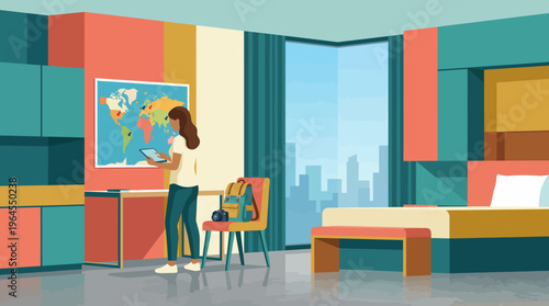 This image presents a stylish and modern indoor space where a person interacts with a world map, perfect for travel planning and exploration inspiration.