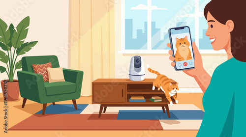 A woman enjoys a video call with her cat, creating a warm atmosphere of love and companionship, showcasing technology's role in connecting pet owners with their furry friends.