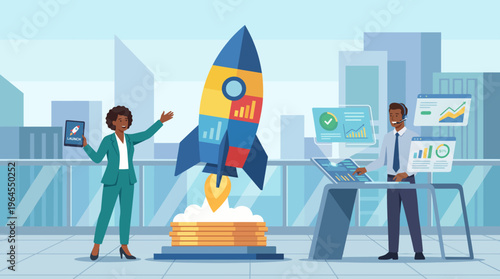 Two business professionals are celebrating the successful launch of a project, showcasing enthusiasm and collaboration in a modern office setting filled with data-driven displays.