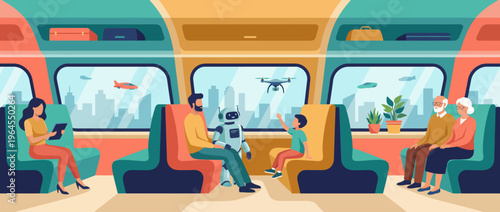 A vibrant interior scene of a futuristic train with diverse passengers and a friendly robot, highlighting technology's role in shaping modern transportation experiences.