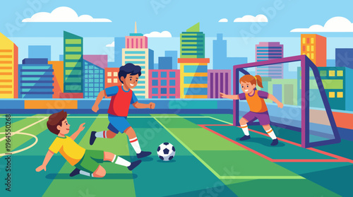 A vibrant scene of children playing soccer on a rooftop field, with city skyscrapers in the background, showcasing the joy of outdoor play and teamwork.