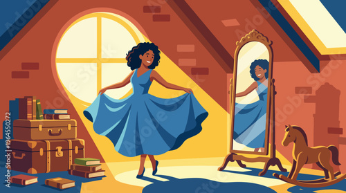 A graceful scene of a woman in a blue dress admiring her reflection in a mirror, capturing beauty, self-love, and the essence of femininity in a warm, inviting atmosphere.