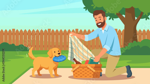 A joyful scene of a man preparing a picnic with his dog in a sunny park, capturing the essence of companionship, outdoor fun, and the beauty of nature.