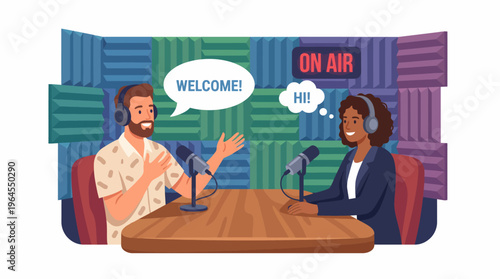 An engaging illustration of two podcast hosts speaking into microphones, creating a lively ambiance that invites listeners to join in on intriguing conversations and discussions.