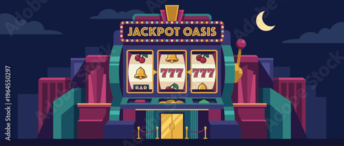 An eye-catching digital illustration of a casino slot machine labeled 'Jackpot Oasis' with vibrant neon colors and nighttime ambiance, enticing viewers into the world of gambling excitement.