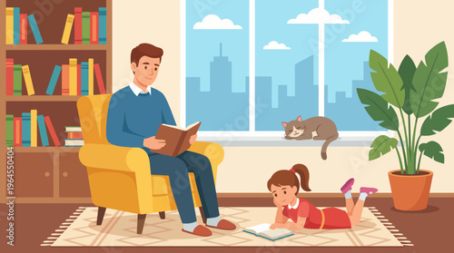 A heartwarming scene featuring a father reading to his daughter on a cozy rug, with a cat sleeping by the window and a warm, inviting atmosphere in their home.