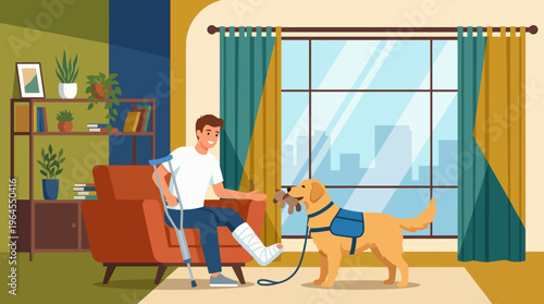 A man with a broken leg enjoys a warm moment with a therapy dog, highlighting companionship, support, and the healing power of Pets in a cozy, inviting home environment.
