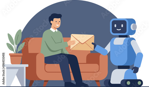 Robot Delivery Service Providing an Envelope to a Man on a Couch