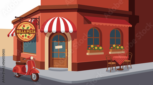 This attractive pizza restaurant exterior features a bright red facade, awning, and inviting outdoor seating, creating an appealing atmosphere for visitors and food lovers alike.