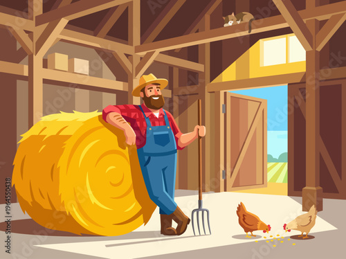 A cheerful farmer in a barn is tending to chickens near a haystack, demonstrating the agricultural lifestyle and connection with nature in a vibrant rural setting.