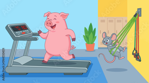 An adorable scene of a pig happily running on a treadmill while a mouse engages with exercise bands nearby. The playful interaction highlights a fun fitness theme.