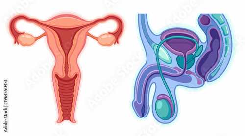A detailed illustration depicting the female uterus on the left and the male reproductive system on the right, emphasizing the anatomical differences and biological functions.