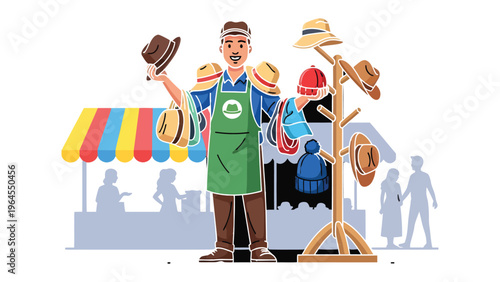 Hat Seller's Display: A vibrant illustration depicts a hat seller proudly showcasing various stylish hats and accessories at a bustling market stall.
