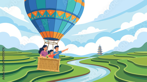 An engaging illustration of a family enjoying a hot air balloon ride over lush green fields and gentle hills, symbolizing adventure, togetherness, and joy in picturesque landscapes.