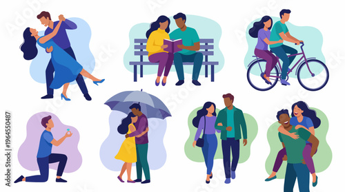 A charming collection of romantic illustrations depicting couples in various intimate moments, expressing love, connection, and shared experiences in daily life.