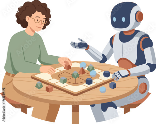 Robot and Human Playing a Strategic Board Game Together on a Wooden Table