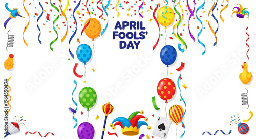 Colorful April Fools' Day banner with balloons, streamers, and confetti on a white background, featuring a joyful and playful design for social media promotions and celebrations