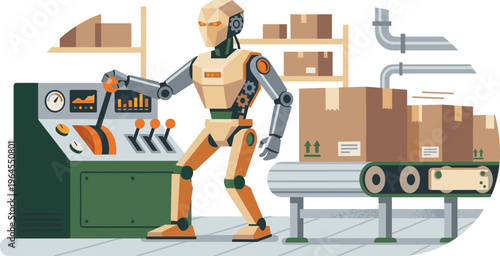 Robot Operating Industrial Control Panel in Automated Factory