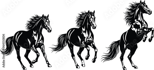 Galloping stallion horses collection, black horse running and rearing silhouette set, equestrian movement, wild animal, flat vector illustration, cad drawing, flavector.