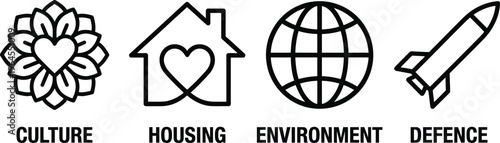 icons for culture, housing, environment, and defence vector illustration