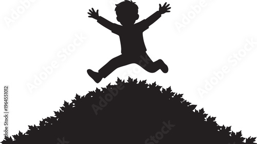 Joyful child silhouette leaps into an autumnal leaf pile, celebrating the spirit of fall playtime fun