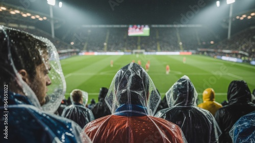 Spectators in rain ponchos watching soccer game at night stadium