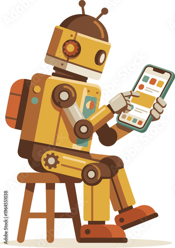 Robot Using a Smartphone with Flat Design Elements on a Transparent Background
