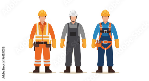 Three faceless construction workers wearing different safety uniforms and hard hats stand in a row against a light beige background.