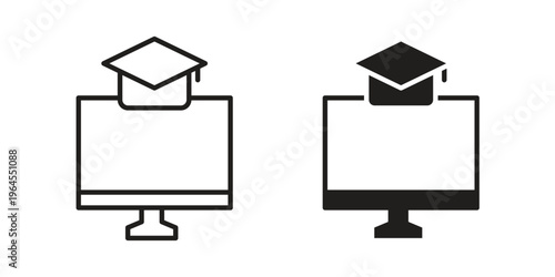 E-learning icons line and solid version, outline and filled vector design set