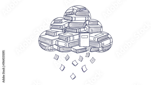 Cloud of Knowledge: A conceptual illustration depicting a cloud formed of books, from which rain documents, symbolizing information dissemination and the vastness of learning. 